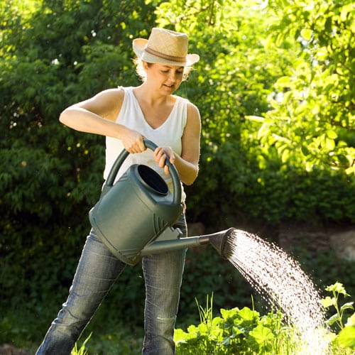 Jeune femme avec un chapeau qui arrose des plantes